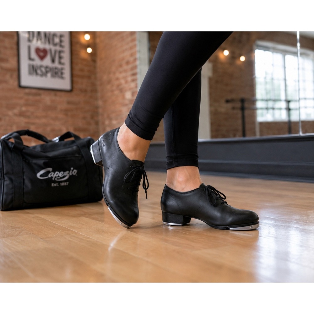 Capezio Tele Tone Tap Shoes Black Leather Lace Up Dance Shoes Womens‎ Size 8